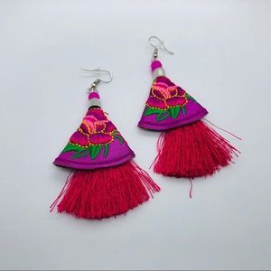 Embroidered Pink Rose Fringe Earrings